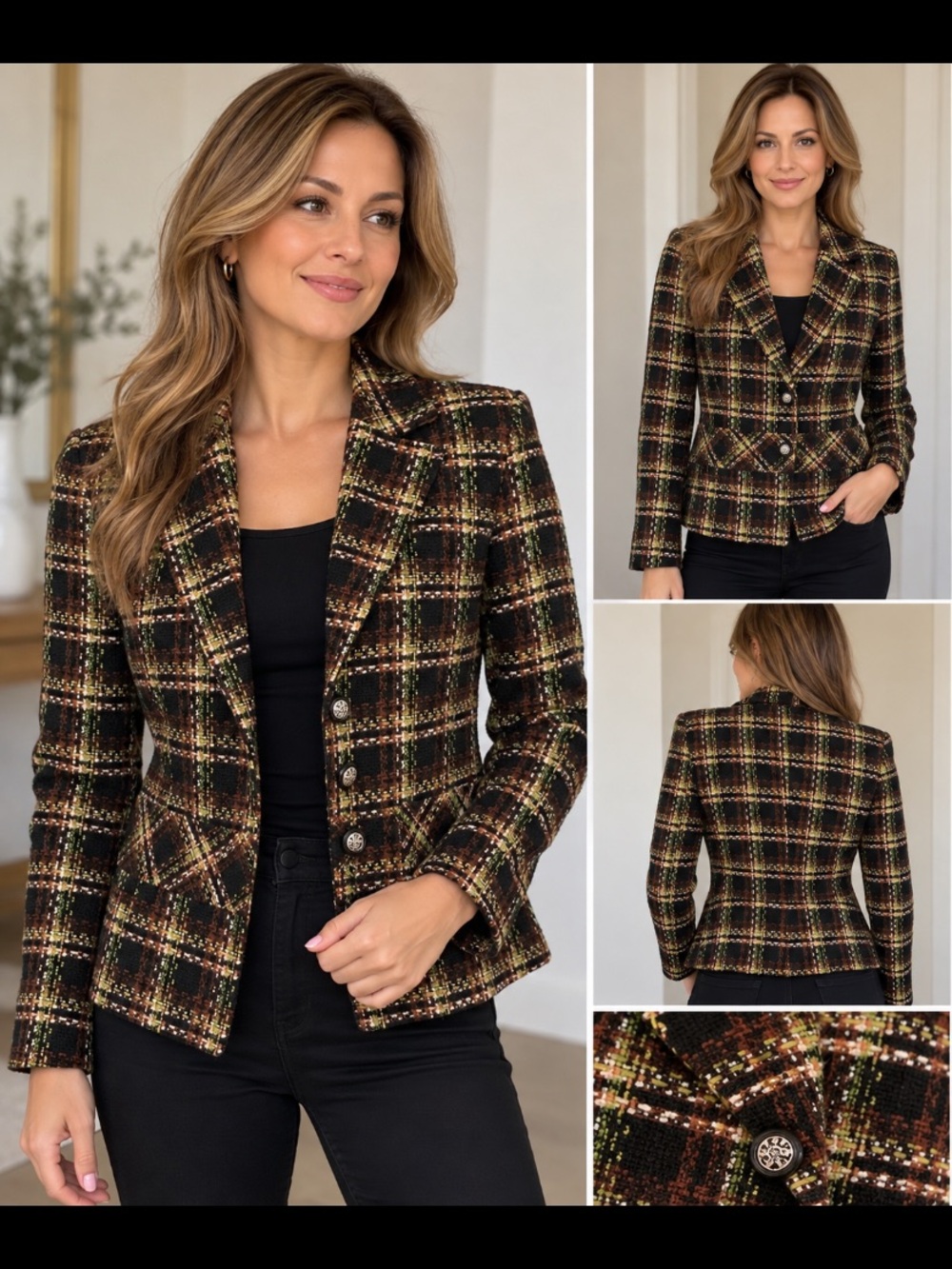 Plaid Tweed Blazer in Black Multi - Tailored Women's Jacket